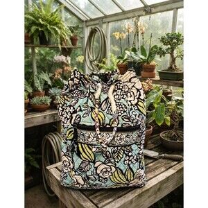 Vera Bradley Island Blooms Drawstring Backpack Bucket Bag Quilted Cotton Blue